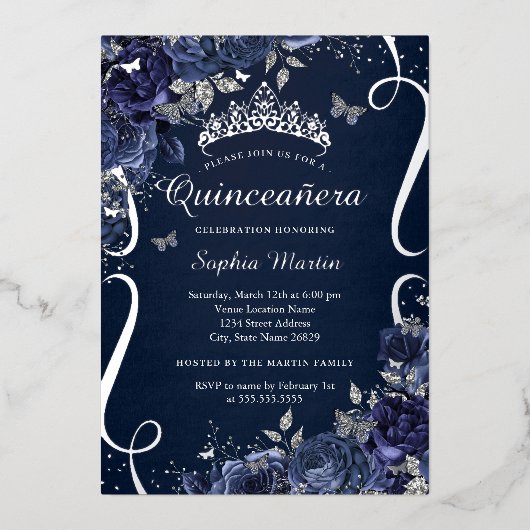 ネイビー王室のスクロールフローラ蝶キンセアニェラ 箔招待状 (正面)