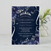 ネイビー王室のスクロールフローラ蝶キンセアニェラ 箔招待状 (立ち正面)