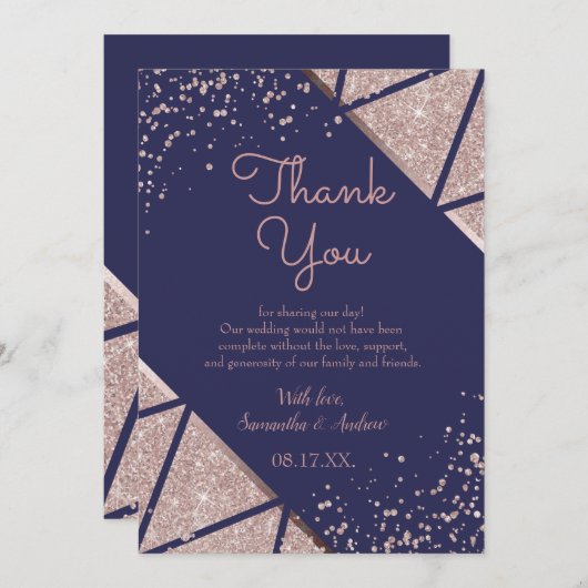 ネイビー王室のブルーバラ金ゴールド紙吹雪グリッター結婚ズ サンキューカード (正面/裏面)