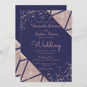 ネイビー王室のブルーバラ金ゴールド紙吹雪グリッター結婚ズ 招待状 (正面/裏面)