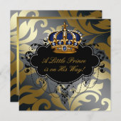 ネイビー王室のブルーブラック金ゴールドプリンス男の赤ちゃんシャワー 招待状 (正面/裏面)
