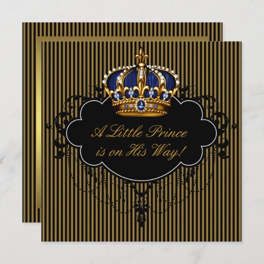 ネイビー王室のブルーブラック金ゴールドプリンス男の赤ちゃんシャワー 招待状 (正面/裏面)