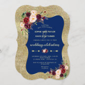 ネイビー王室のブルーブルゴーニュフローラ金ゴールド結婚ズ 招待状 (正面/裏面)