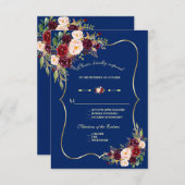 ネイビー王室のブルーブルゴーニュフローラ金ゴールド結婚式RSVP 出欠カード (正面/裏面)