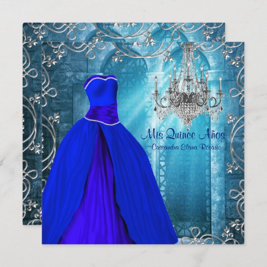 ネイビー王室のブルーホワイトキンセアニェラ 招待状 (正面/裏面)