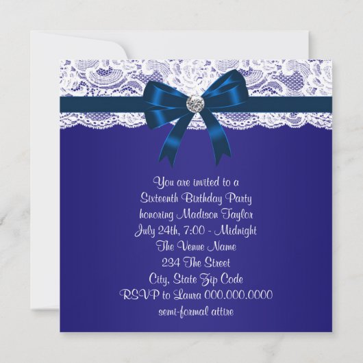 ネイビー王室のブルーホワイトレースブルースウィート16パーティー 招待状 (裏面)