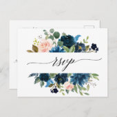 ネイビー王室のブルー赤面ピンクフローラ植物学RSVP ポストカード (正面/裏面)