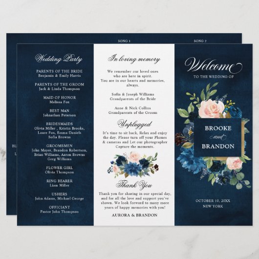 ネイビー王室のブルー赤面ピンクフローラ3折プログラム (正面/裏面)