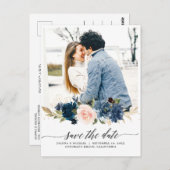 ネイビー王室のブルー赤面フローラ写真の保存日付 ポストカード (正面/裏面)