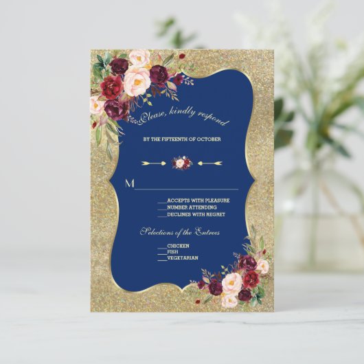 ネイビー王室のブルー赤面フローラ金ゴールドウェディングRSVP 出欠カード (スタンド正面)