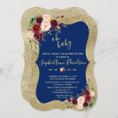ネイビー王室のブルー赤面フローラ金ゴールドベビーシャワー 招待状 (正面/裏面)