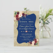 ネイビー王室のブルー赤面フローラ金ゴールドリハーサルディナー 招待状 (スタンド正面)