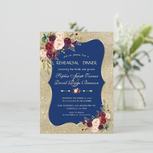 ネイビー王室のブルー赤面フローラ金ゴールドリハーサルディナー 招待状 (スタンド正面)