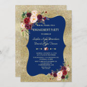 ネイビー王室のブルー赤面フローラ金ゴールド婚約 招待状 (正面/裏面)