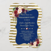 ネイビー王室のブルー赤面フローラ金ゴールド婚約 招待状 (正面/裏面)