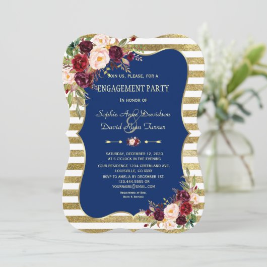 ネイビー王室のブルー赤面フローラ金ゴールド婚約 招待状 (スタンド正面)