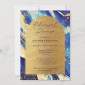 ネイビー王室のブルー金ゴールドのリハ結婚ーサルディナー 招待状 (正面)