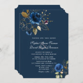 ネイビー王室のブルー金ゴールドの花結婚の数 招待状 (正面/裏面)