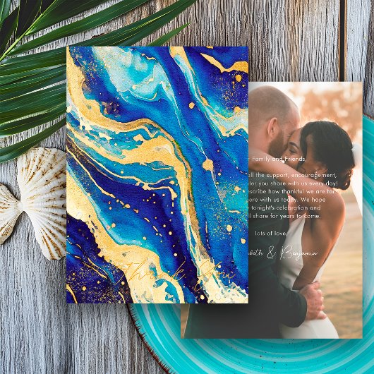 ネイビー王室のブルー金ゴールドパーソナライズされたフォト結婚ズ サンキューカード