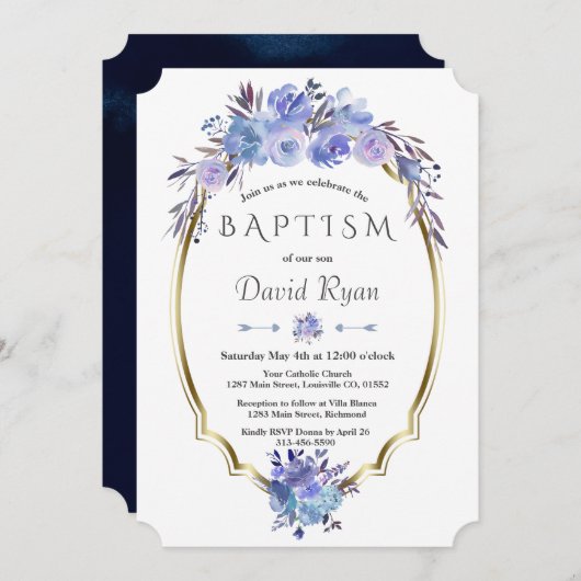 ネイビー王室のブルー金ゴールドブルーフローラボーイバプテスマ 招待状 (正面/裏面)