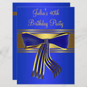 ネイビー王室のブルー金ゴールド女性40th誕生日パーティー 招待状 (正面/裏面)