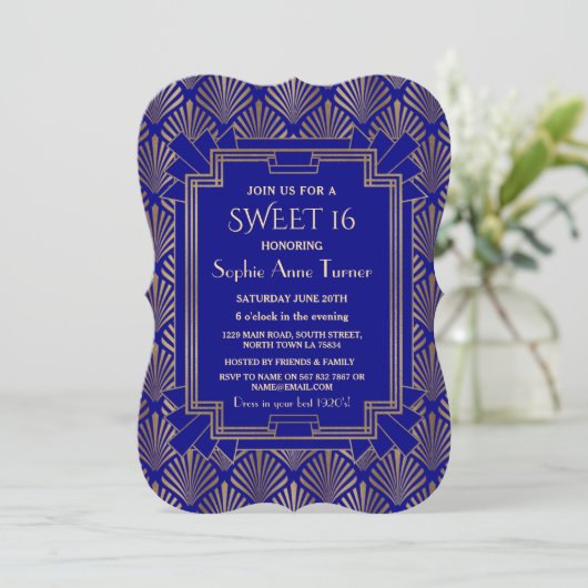 ネイビー王室のブルー金ゴールド素晴らしギャツビーArt Dec SWEET 16 招待状 (スタンド正面)
