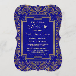 ネイビー王室のブルー金ゴールド素晴らしギャツビーArt Dec SWEET 16 招待状