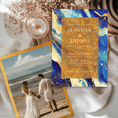 ネイビー王室のブルー金ゴールド結婚式招待状(写真付) 招待状