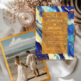 ネイビー王室のブルー金ゴールド結婚式招待状（写真付） 招待状