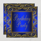 ネイビー王室のブルー金ゴールド誕生会 招待状 (正面/裏面)