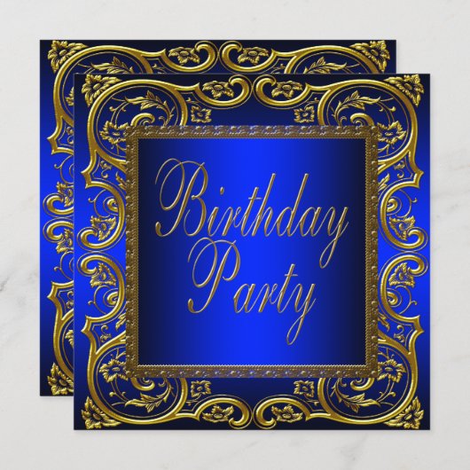 ネイビー王室のブルー金ゴールド誕生会 招待状 (正面/裏面)