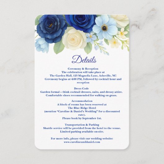 ネイビー王室のブ結婚ーの水彩アイボリー花 エンクロージャーカード (正面)