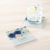 ネイビー王室のブ結婚ーの水彩アイボリー花 ガラスコースター (アングル)