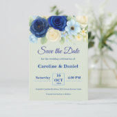 ネイビー王室のブ結婚ーの水彩アイボリー花 セーブザデート (スタンド正面)