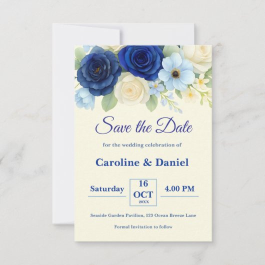 ネイビー王室のブ結婚ーの水彩アイボリー花 セーブザデート (正面)