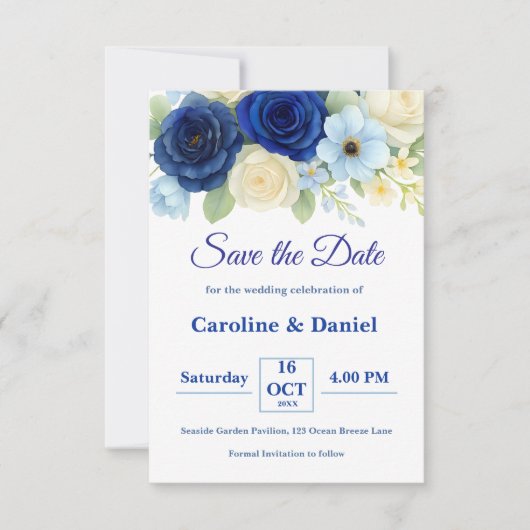 ネイビー王室のブ結婚ーの水彩アイボリー花 セーブザデート (正面)