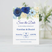 ネイビー王室のブ結婚ーの水彩アイボリー花 セーブザデート (スタンド正面)