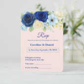 ネイビー王室のブ結婚ーの水彩アイボリー花 出欠カード (スタンド正面)