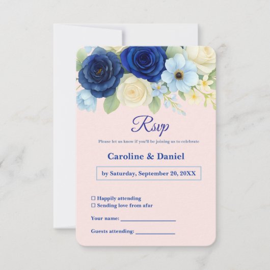 ネイビー王室のブ結婚ーの水彩アイボリー花 出欠カード (正面)