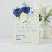 ネイビー王室のブ結婚ーの水彩アイボリー花 出欠カード (スタンド正面)