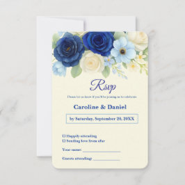 ネイビー王室のブ結婚ーの水彩アイボリー花 出欠カード
