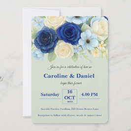 ネイビー王室のブ結婚ーの水彩アイボリー花 招待状
