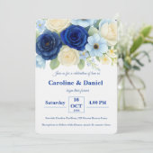 ネイビー王室のブ結婚ーの水彩アイボリー花 招待状 (スタンド正面)