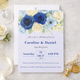 ネイビー王室のブ結婚ーの水彩アイボリー花 招待状