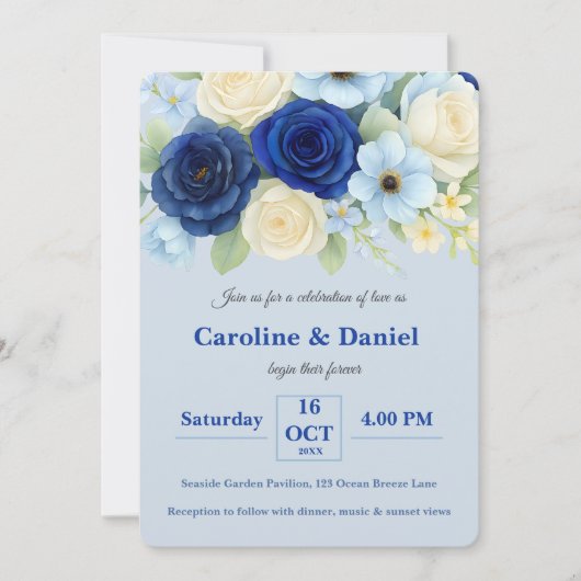ネイビー王室のブ結婚ーの水彩アイボリー花 招待状 (正面)
