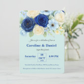 ネイビー王室のブ結婚ーの水彩アイボリー花 招待状 (スタンド正面)