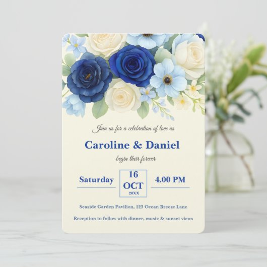 ネイビー王室のブ結婚ーの水彩アイボリー花 招待状 (スタンド正面)