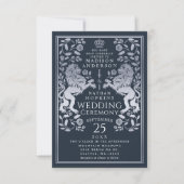 ネイビー王室のライオン中世シルバー結婚式招待状 招待状 (正面)