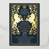 ネイビー王室のライオン中世結婚の 箔招待状 (正面)