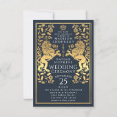 ネイビー王室のライオン中世金ゴールド結婚式招待状 招待状 (正面)